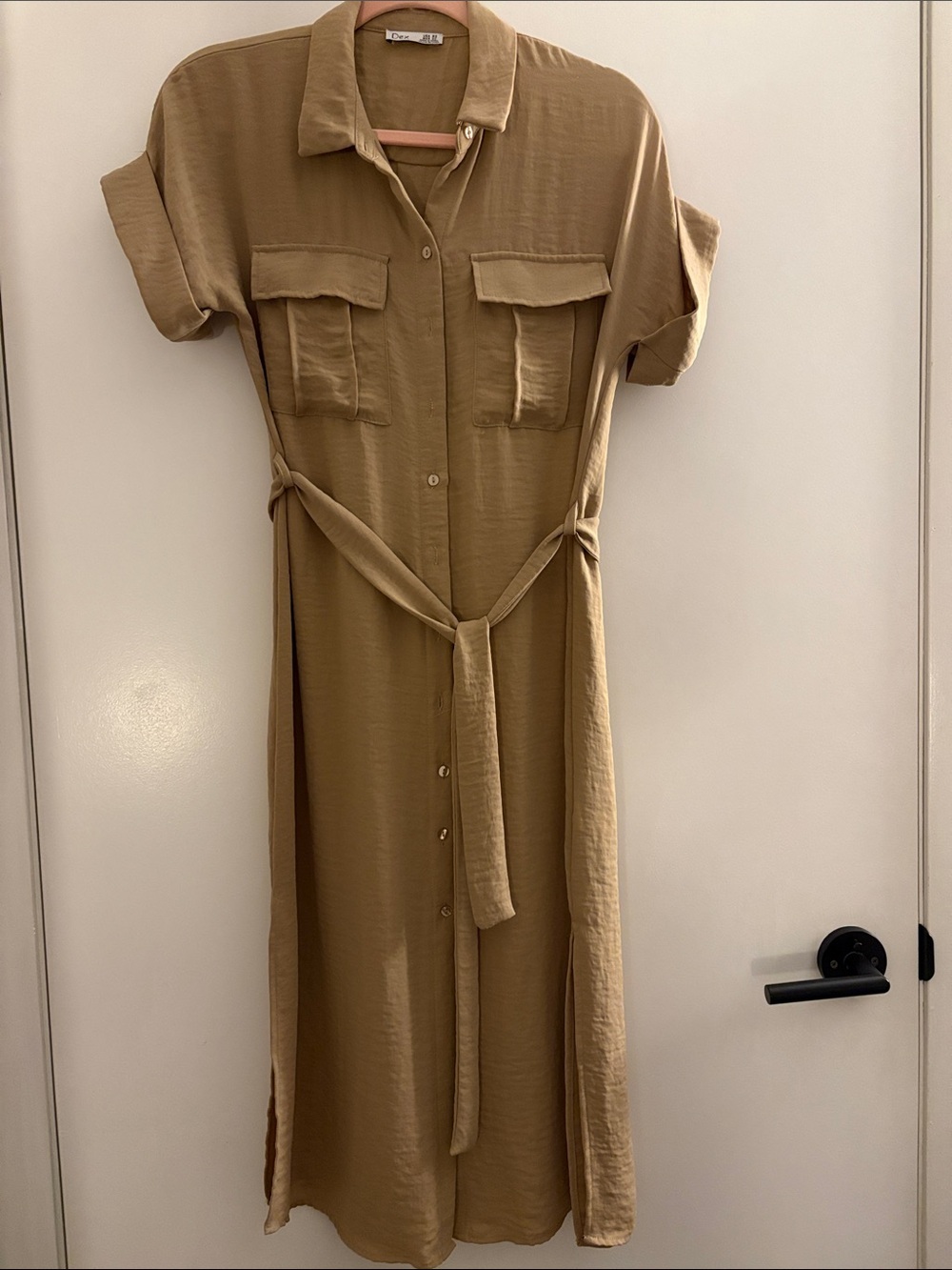 Dex Tan Button-Front Midi Shirt Dress with Tie Waist